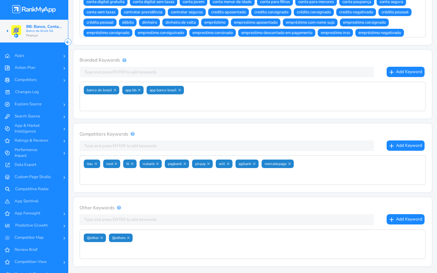 Keyword Management &mdash; parte inferior do board e categorias